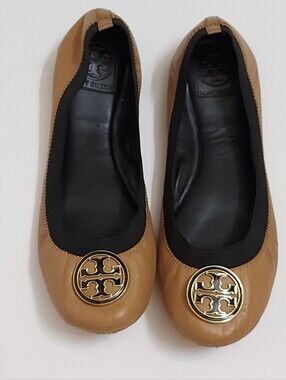 Tory Burch Caramel Leather Logo Ballet Flats with Gold Emblem
